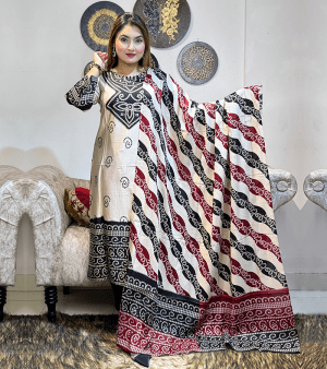 RF7537- আনস্টিচ চন্দ্রীপ্রিন্টের টু-পিস জামা+ওড়না- কালো