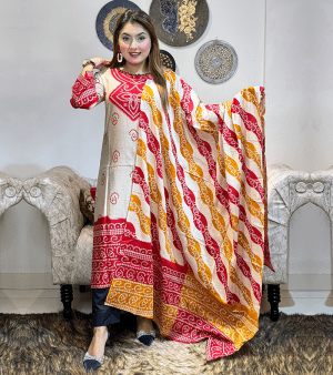 RF1446- আনস্টিচ চন্দ্রীপ্রিন্টের টু-পিস জামা+ওড়না- লাল