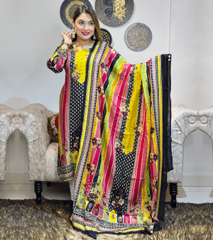 পিউর কটন কারচুপি টু-পিস জামা+ওড়না- হলুদ মালটি
