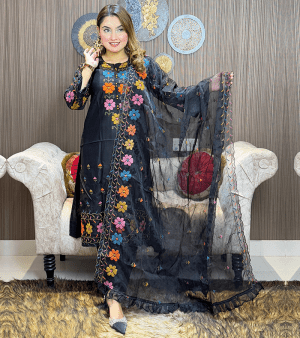 RF1214- পাকিস্তানি ইন্সপায়ার্ড থ্রি পিস- কালো