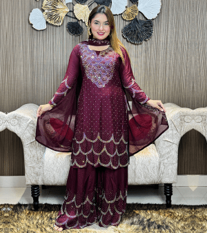 রেডী টু ওয়ার SHARARA থ্রি পিস- মেরুন
