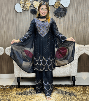 রেডী টু ওয়ার SHARARA থ্রি পিস- কালো