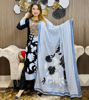 পিউর কটন Semi Stitched থ্রি পিস- কালো
