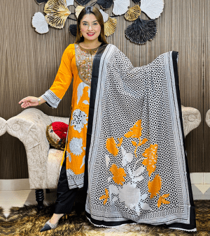 পিউর কটন Semi Stitched থ্রি পিস- অরেঞ্জ