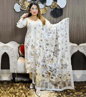 RF5766-আনস্টিচ SWISS LAWN থ্রি পিস- ক্রিম কালার