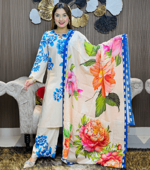 RF7623- স্টিচড ডিজিটাল প্রিন্ট কটন থ্রি-পিস- নীল