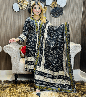 RF3653- চন্দ্রি প্রিন্টের থ্রি-পিস- কালো
