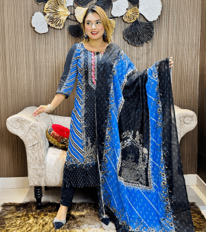 RF6635- আনস্টিচ পিউর কটন থ্রি-পিস- নীল