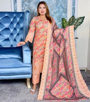 RF3775- প্রিমিয়াম কটন আনস্টিচ থ্রি-পিস- পিচ কালার