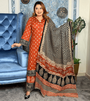 RF7452- রেডী টু ওয়ার প্রিমিয়াম কটন থ্রি পিস- অরেঞ্জ
