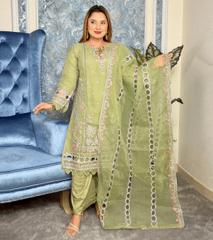 RF1189- প্রিমিয়াম পাকিস্তানি ইন্সপায়ার্ড ফোর পিস- অলিভ কালার