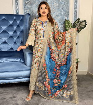 RF1175- আনস্টিচ চিকেন কারি SWISS LAWN থ্রি-পিস- অলিভ