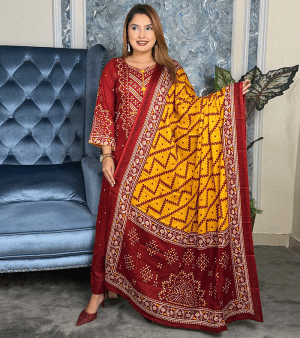 RF1371- আনস্টিচ চন্দ্রি প্রিন্টের থ্রি-পিস- লাল
