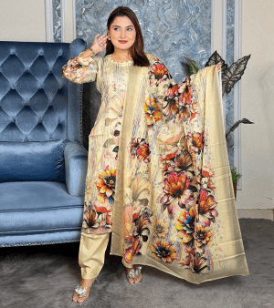 RF9760- আনস্টিচ প্রিমিয়াম ফ্লোরাল থ্রি-পিস- হলুদ