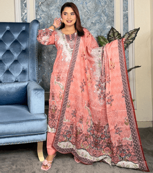 RF2920- আনস্টিচ এ-গ্রেড কটন সুতি থ্রি-পিস- গোলাপি