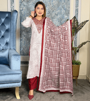 RF9753- আনস্টিচ পিউর কটন সুতি থ্রি-পিস- মেরুন