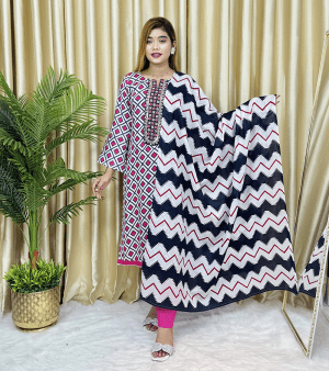 RF1916- আনস্টিচ পিউর কটন সুতি থ্রি-পিস- মেজেন্ডা