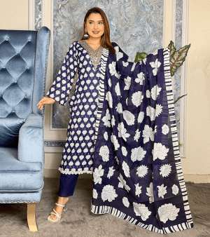RF1812- আনস্টিচ পিউর কটন সুতি থ্রি-পিস- নীল