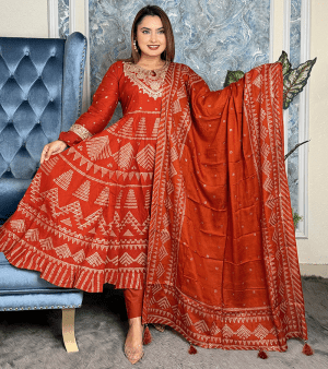 RF4298- মসলিন কটন স্টিচ ANARKALI টূ-পিস- অরেঞ্জ