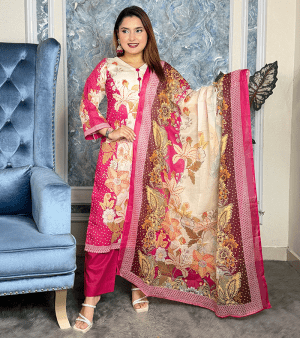 RF4887- আনস্টিচ পিউর কটন সুতি থ্রি-পিস- গোলাপি