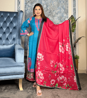 RF2855- আনস্টিচ প্রিমিয়াম SWISS LAWN থ্রি-পিস- নীল