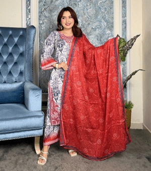 RF8813- আনস্টিচ পাকিস্তানি ইন্সপায়ার্ড কটন থ্রি-পিস- নীল