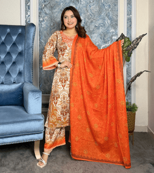RF8814- আনস্টিচ পাকিস্তানি ইন্সপায়ার্ড কটন থ্রি-পিস- অরেঞ্জ