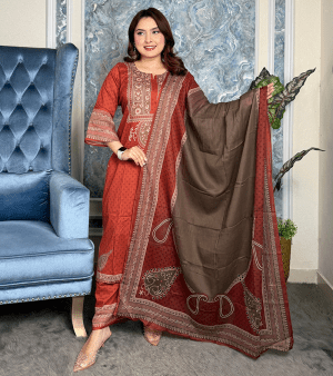 RF9296- আনস্টিচ VIP কটন সুতি থ্রি-পিস- অরেঞ্জ
