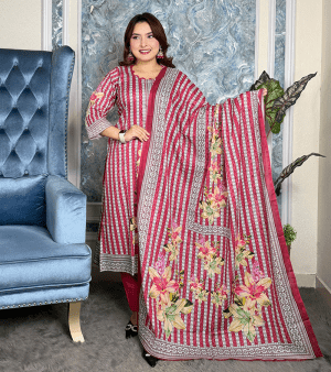 RF9963- আনস্টিচ প্রিমিয়াম কটন সুতি থ্রি-পিস- বেরি গোলাপী