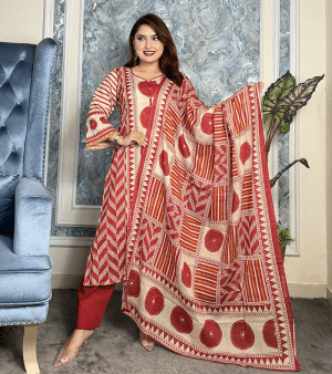 RF2261- আনস্টিচ পিউর কটন সুতি থ্রি-পিস- লাল