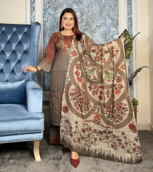 RF3828- আনস্টিচ SWISS LAWN থ্রি-পিস- মেহেদী কালার